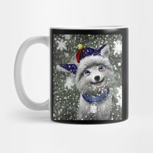 Cute fluffy anime dog with hat in snow Mug